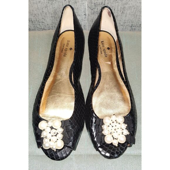 kate spade Shoes - Kate Spade Pearl Cluster Black Peep-Toe Flats Sz 7M